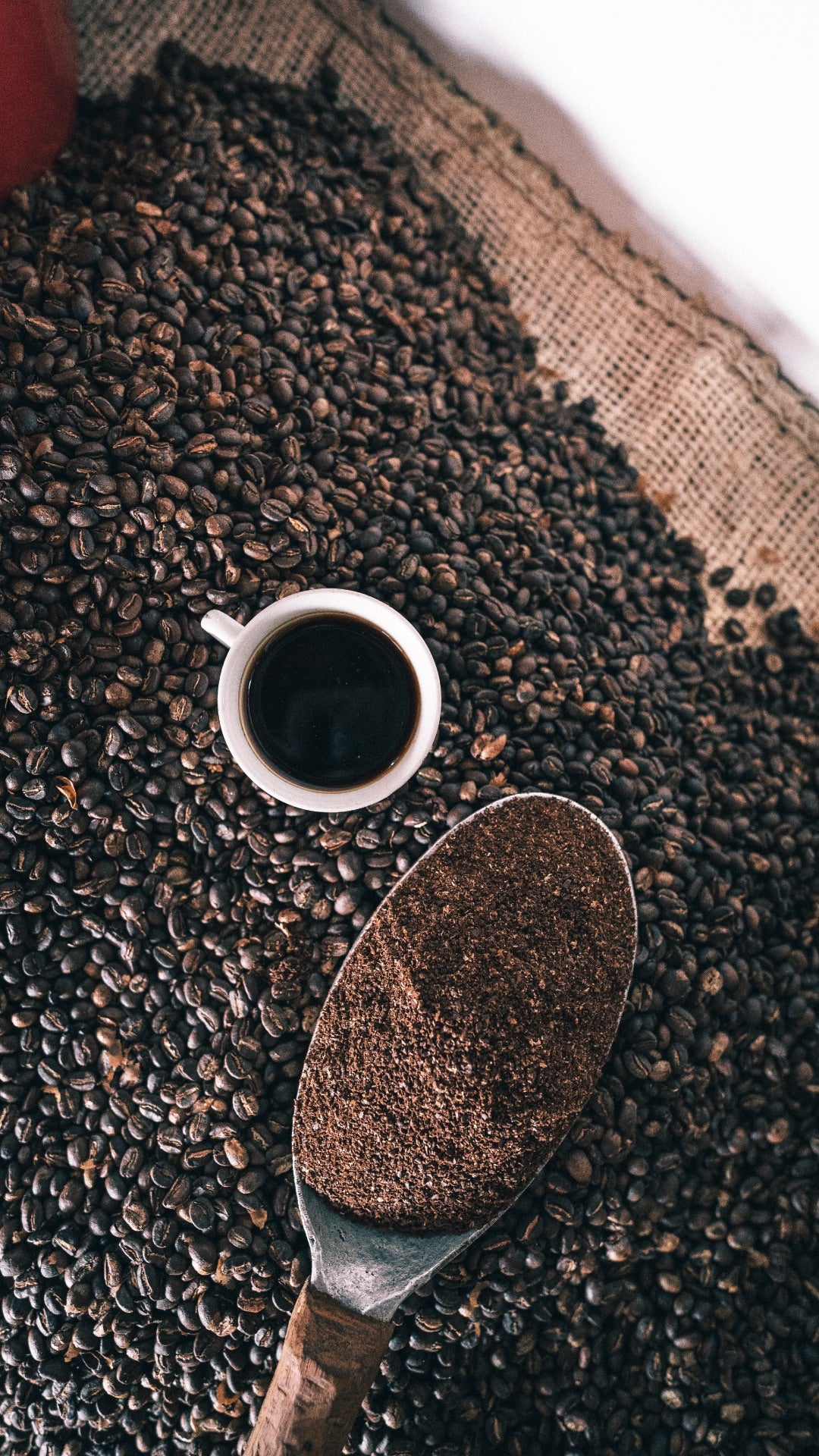 Cup of coffee, coffee beans and spoon with coffee ground.