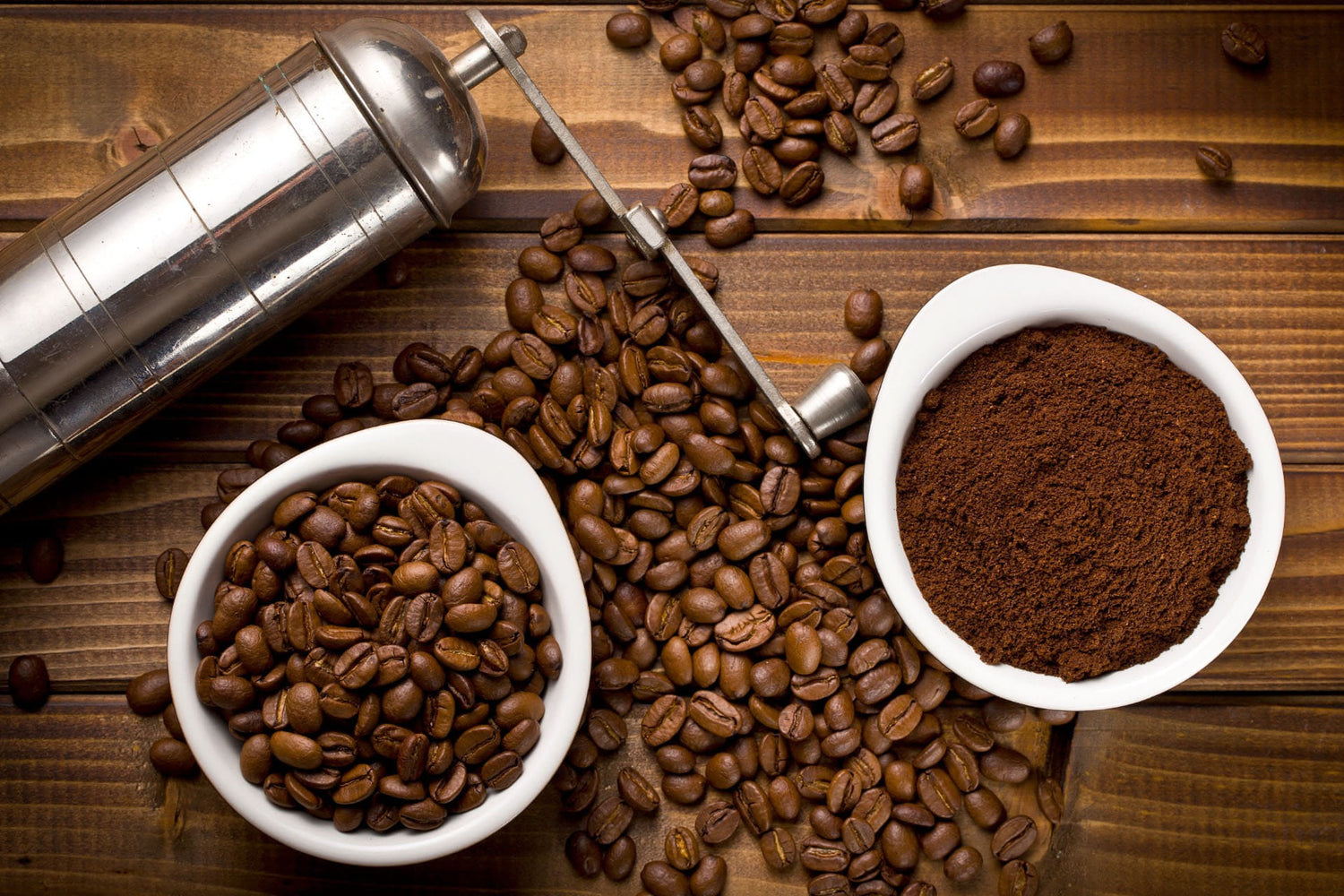 Types of grind, coffee beans and coffee ground.